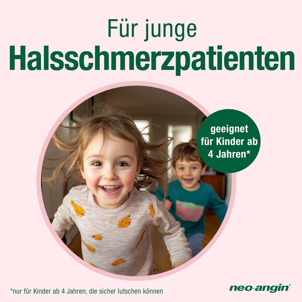 Zwei lachende Kinder. Text: Für junge Halsschmerzpatienten. Geeignet für Kinder ab 4 Jahren.