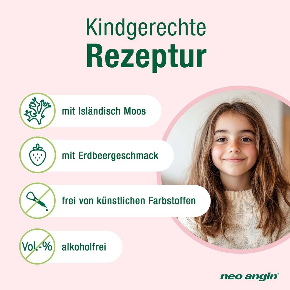 Mädchen. Text: Kindgerechte Rezeptur. Mit Isländisch Moos, Erdbeergeschmack, ohne künstliche Farbstoffe, alkoholfrei.