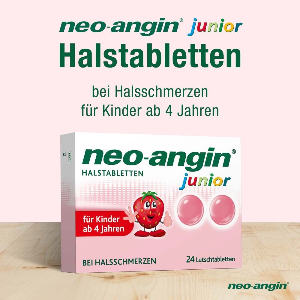 Packung neo-angin junior Halstabletten. Erdbeer-Maskottchen und zwei Lutschtabletten. Text: Bei Halsschmerzen. Für Kinder ab 4 Jahren.