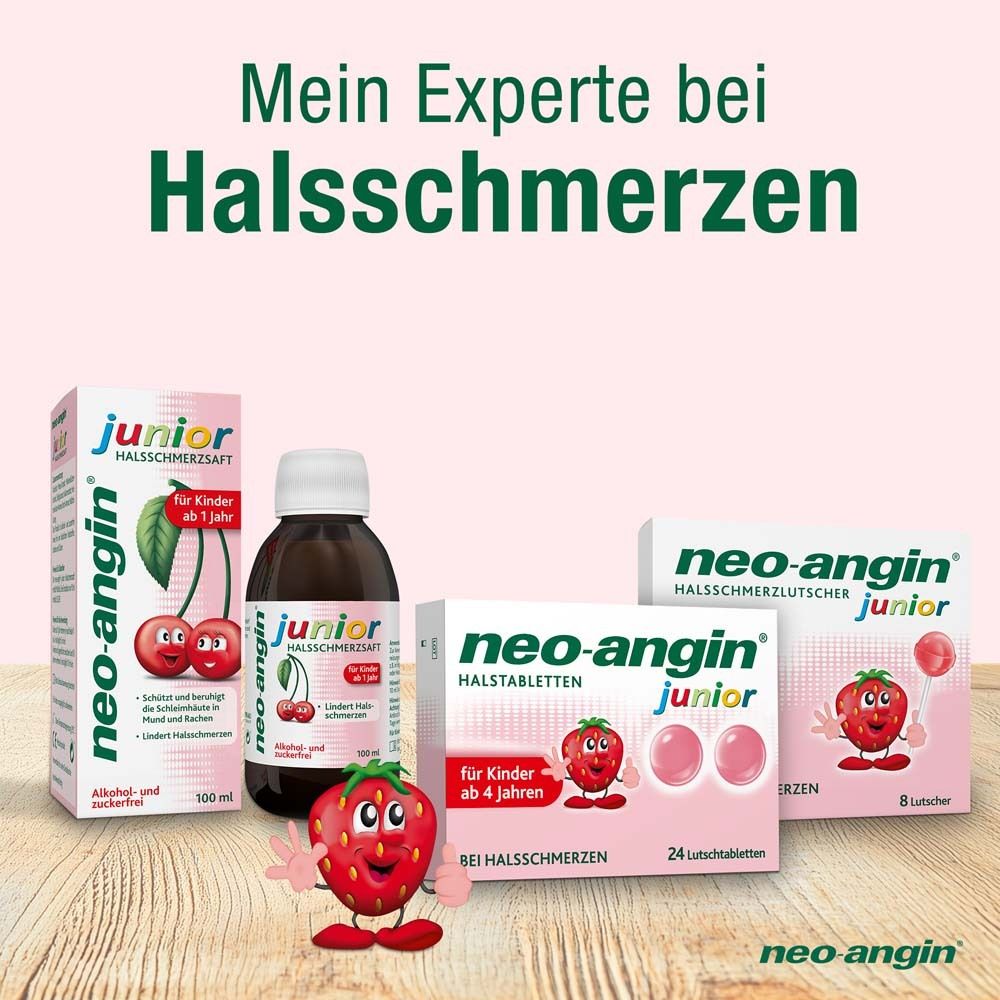 Verschiedene neo-angin Produkte. Text: Mein Experte bei Halsschmerzen. neo-angin junior Halstabletten, Saft und Lutschtabletten.