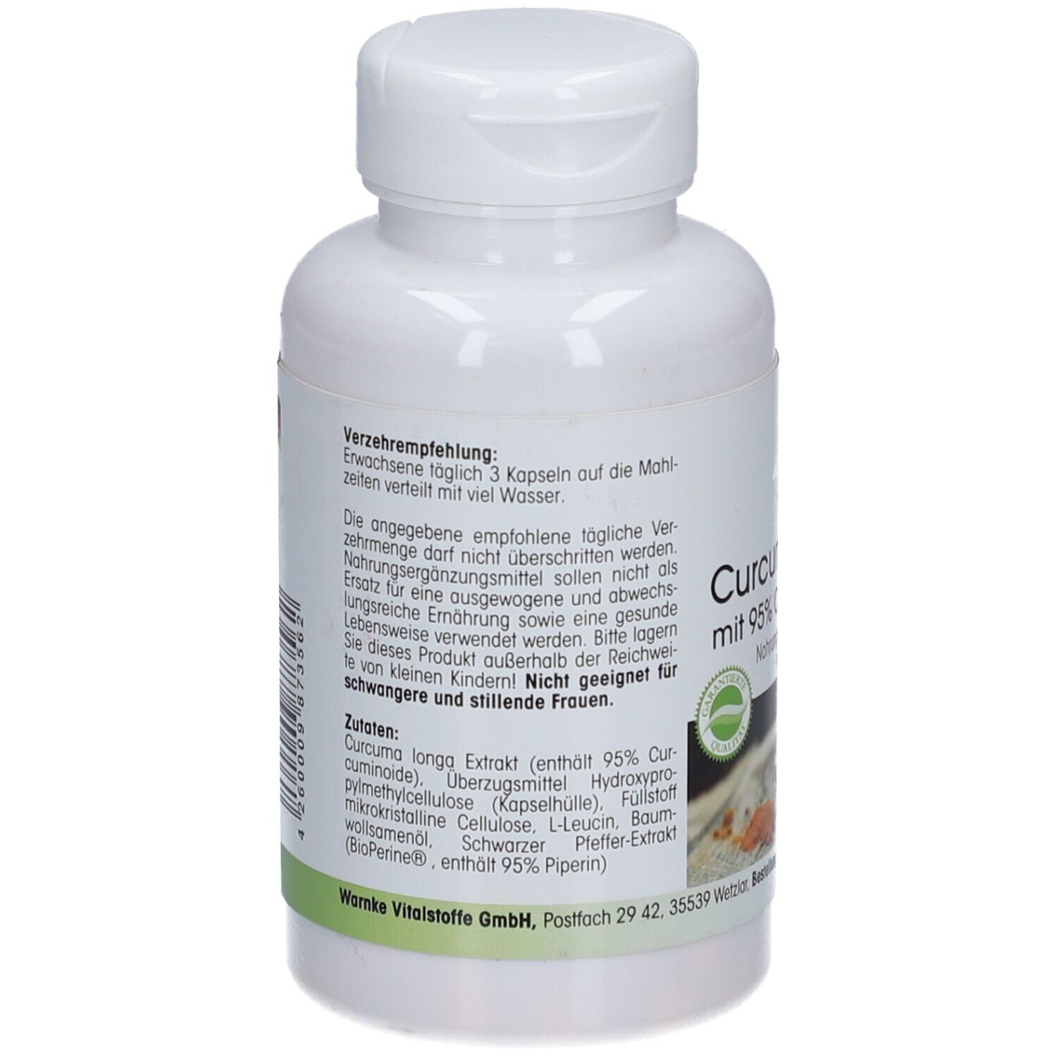 Rückseite der Flasche. Text: Verzehrempfehlung, Zutaten. Siegel. Warnke Vitalstoffe GmbH.