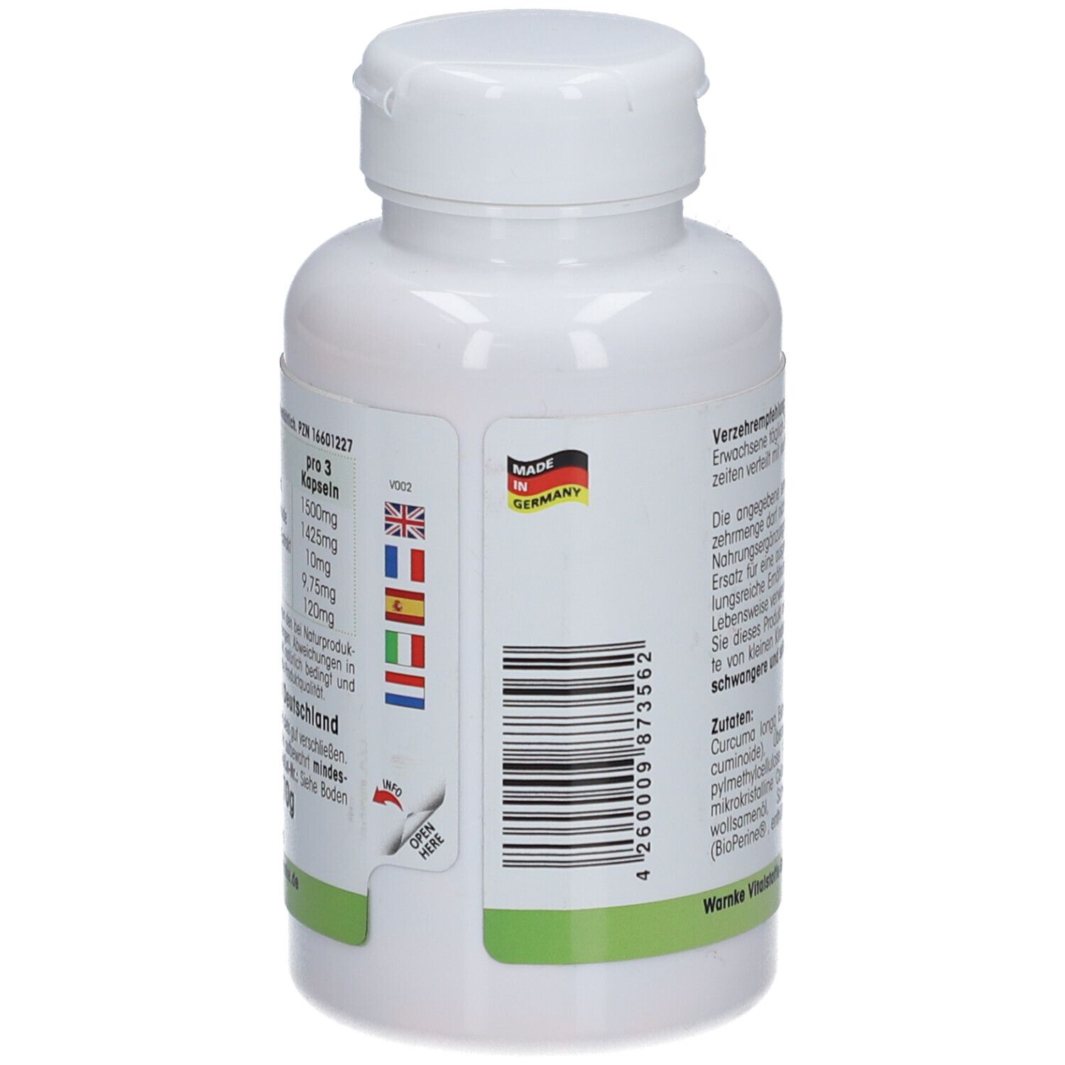 Rückseite der Flasche. Text: Dosierung, Made in Germany, Barcode. Flaggen.