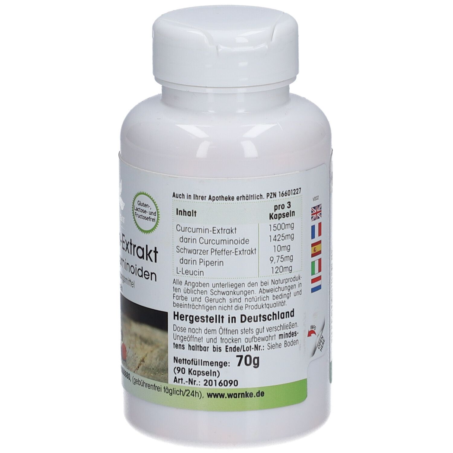 Weiße Flasche mit Kapseln. Aufschrift: Curcumin-Extrakt mit 95% Curcuminoiden. 90 Kapseln. Siegel. Made in Germany.