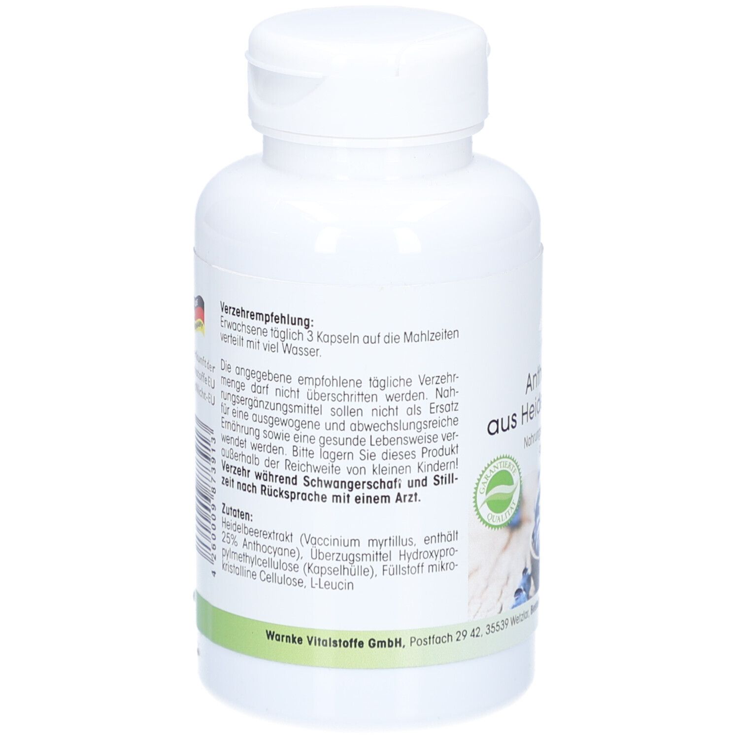 Rückseite der weißen Flasche mit Kapseln. Text: Verzehrempfehlung, Zutaten. Mit Logo und Herkunftsland Deutschland.