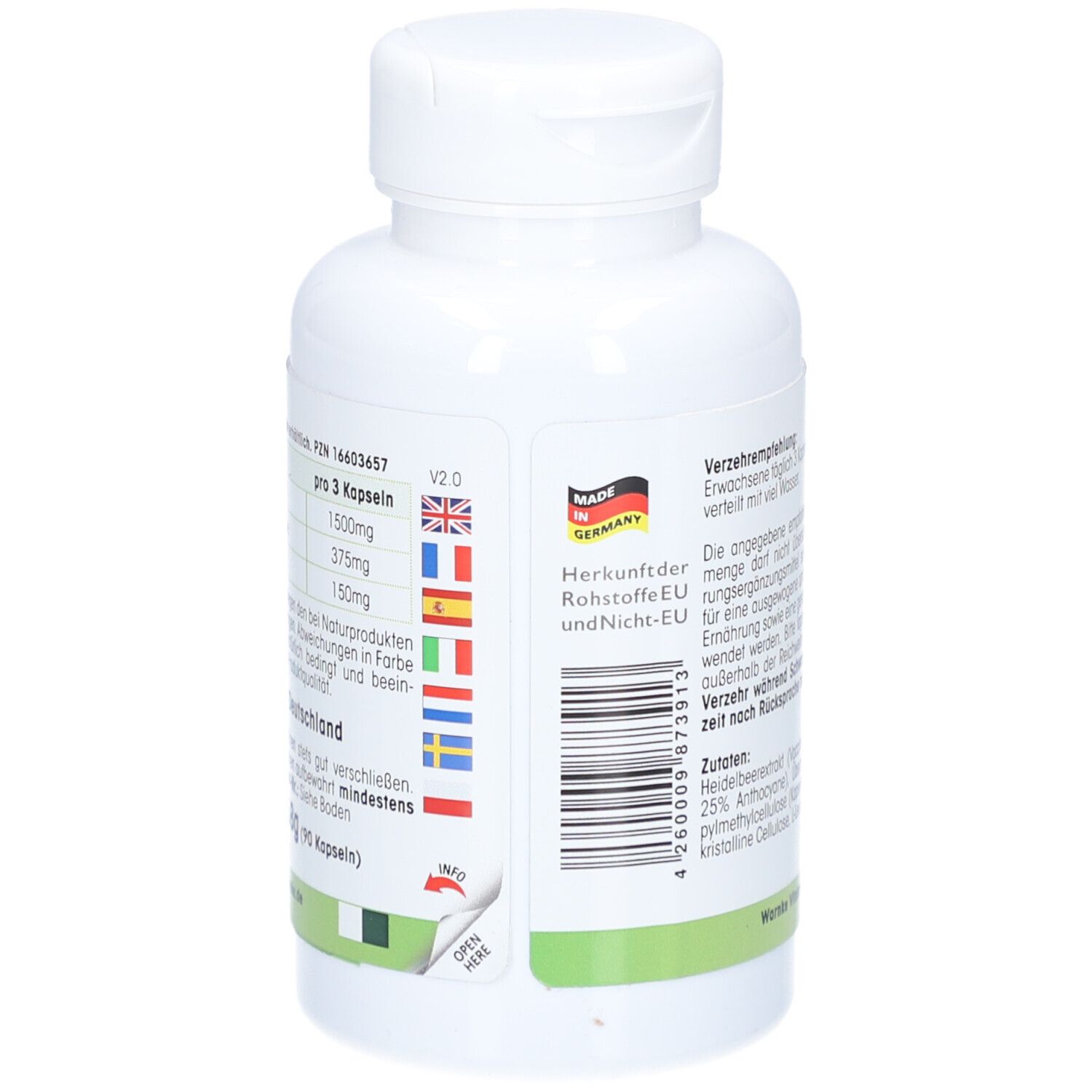 Rückseite der weißen Flasche mit Kapseln. Text: Nährwertangaben, Herkunftsland Deutschland. Mit Barcode.