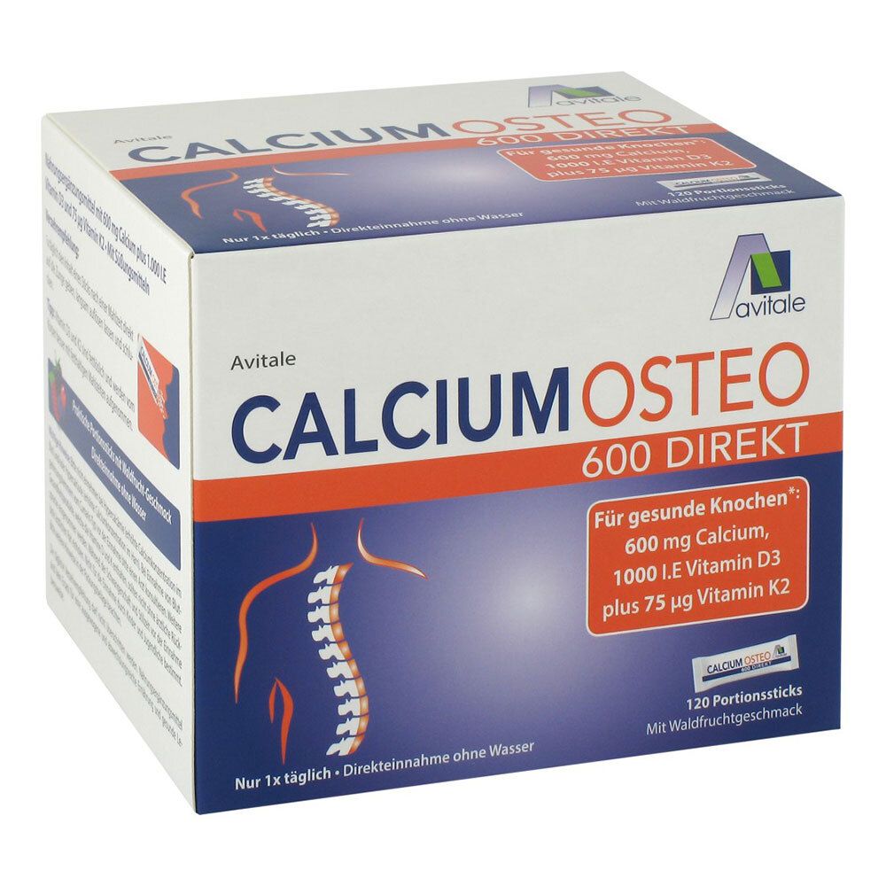 Karton Calcium Osteo 600 Direkt. Enthält 600 mg Calcium, 1000 I.E. Vitamin D3 und 75 µg Vitamin K2. 120 Portionen.