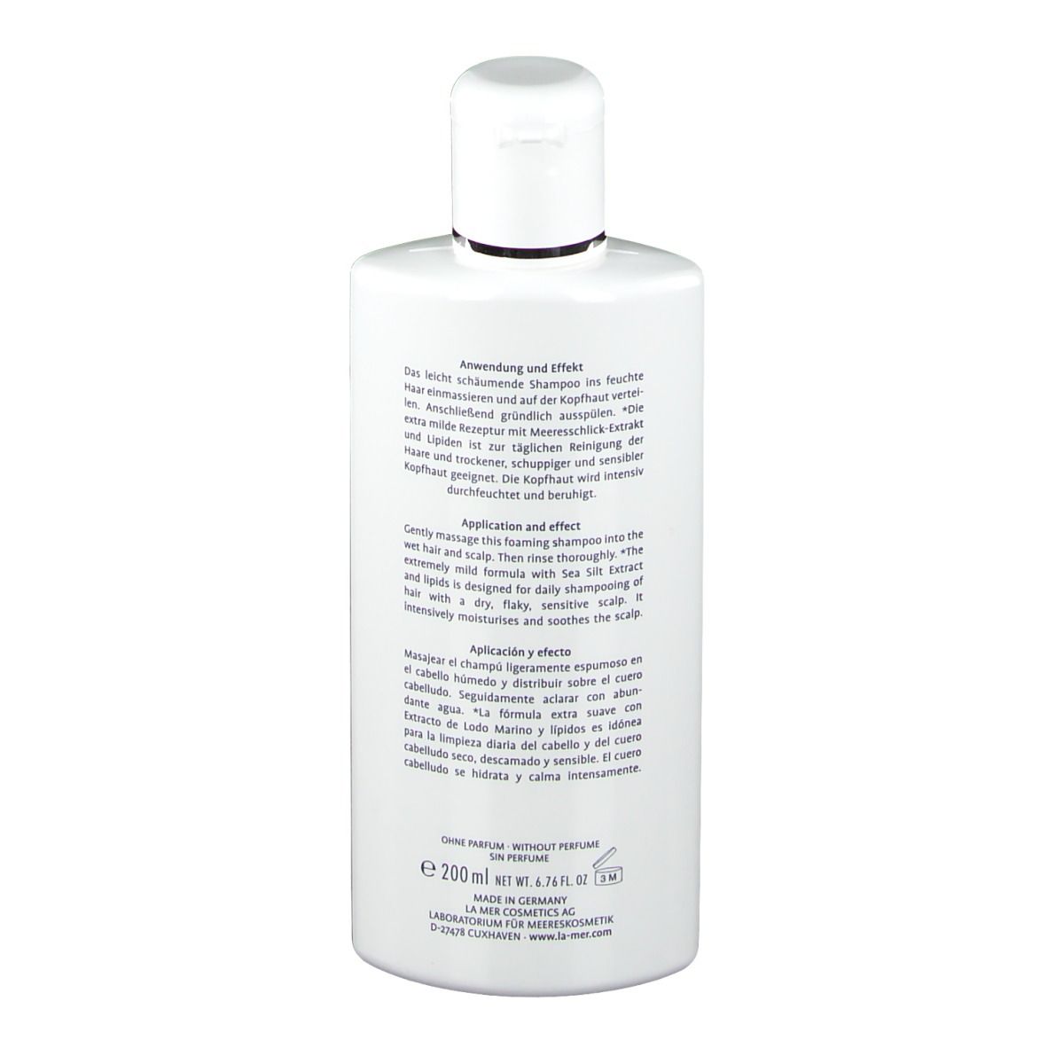 Rückseite einer weißen Flasche mit Klappverschluss. Text in mehreren Sprachen. Produktname nicht sichtbar.