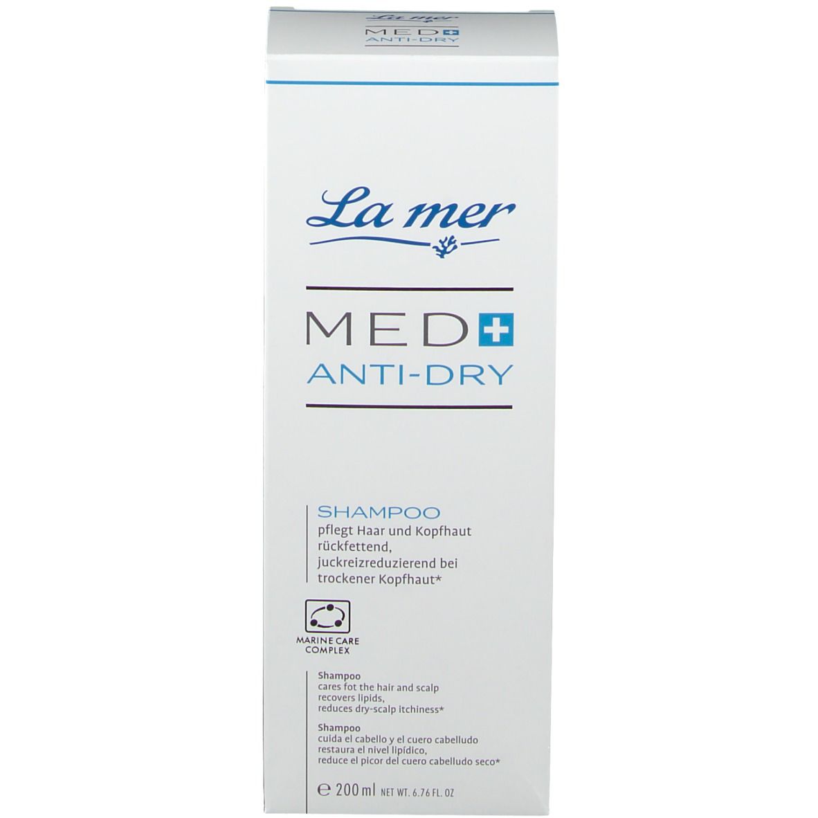 Produktverpackung. Weiß mit blauem Etikett. Produktname und Schriftzug 'ANTI-DRY'.
