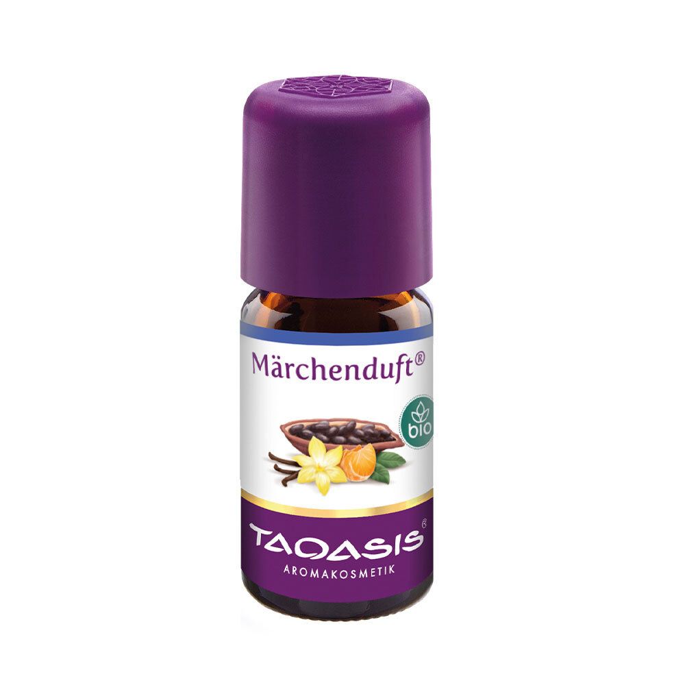 Braune Glasflasche mit lila Verschluss. Aufkleber mit Produktnamen Märchenduft, Illustrationen und Logo TAOASIS Aromakosmetik.