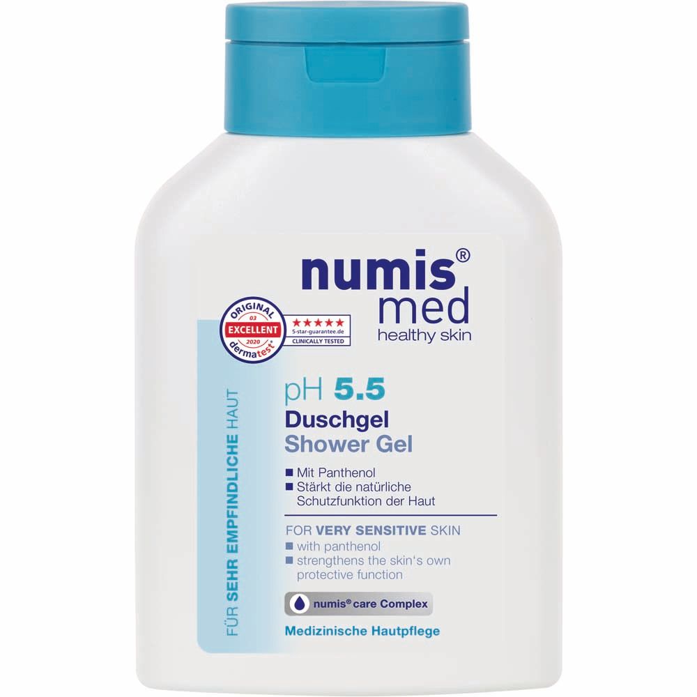 Weißes Duschgel mit blauem Deckel. Aufschrift: numis med pH 5,5 Duschgel. Für sehr empfindliche Haut.