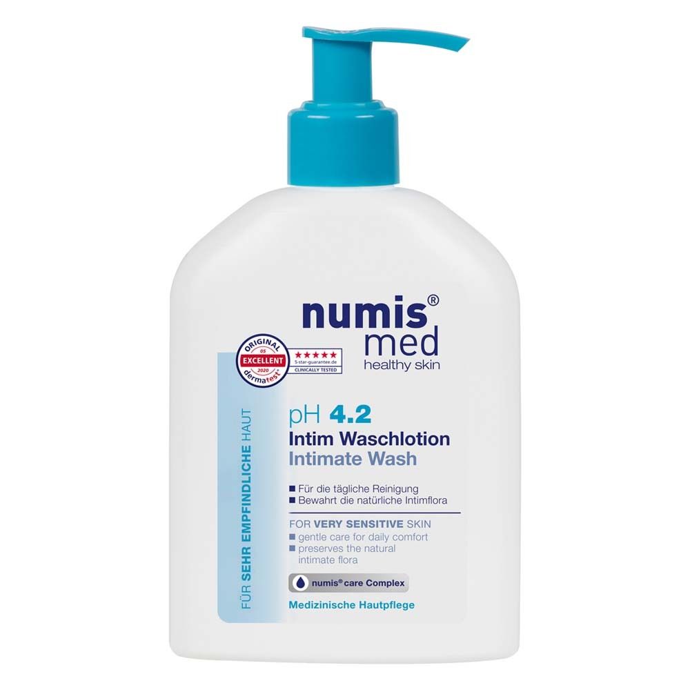 Karton mit Aufschrift: numis med, pH 4.2 Intim Waschlotion. Für sehr empfindliche Haut. Mit dermatest-Siegel.