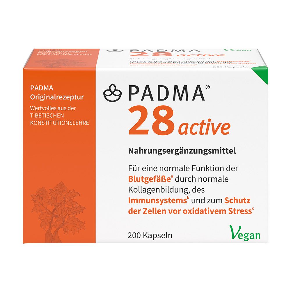 Weiß-orange Schachtel mit PADMA 28 active. Text: Nahrungsergänzungsmittel, 200 Kapseln, Vegan. Logo und Schriftzug.
