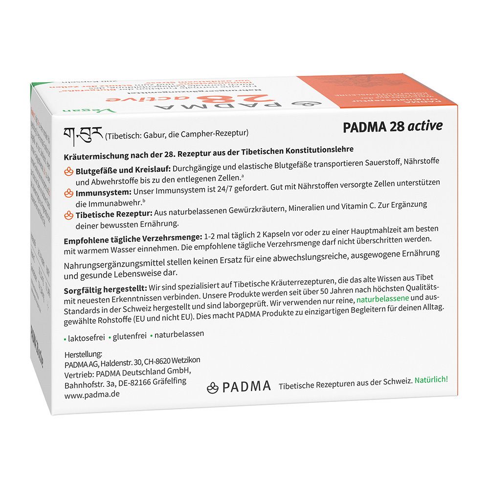 Rückseite der PADMA 28 active Schachtel. Text: Kräutermischung, Inhaltsstoffe, Anwendung, Hersteller. Logo.