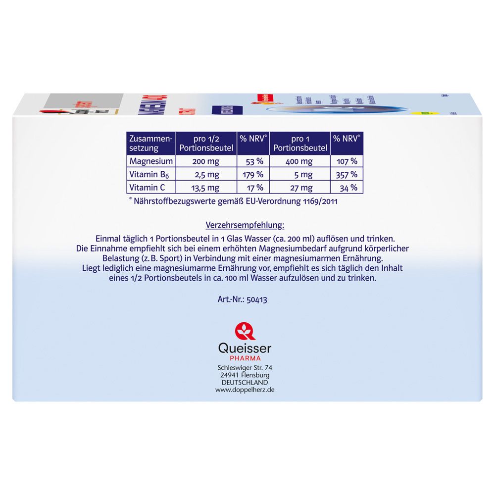 Rückseite der Verpackung von Doppelherz system Magnesium 400 Citrat. Nährwerttabelle. Verzehrsempfehlung: 1 Portion täglich in Wasser auflösen.