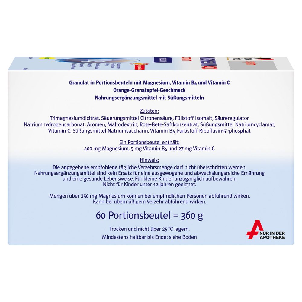 Rückseite der Verpackung von Doppelherz system Magnesium 400 Citrat. Zutatenliste. 60 Portionsbeutel = 360 g.