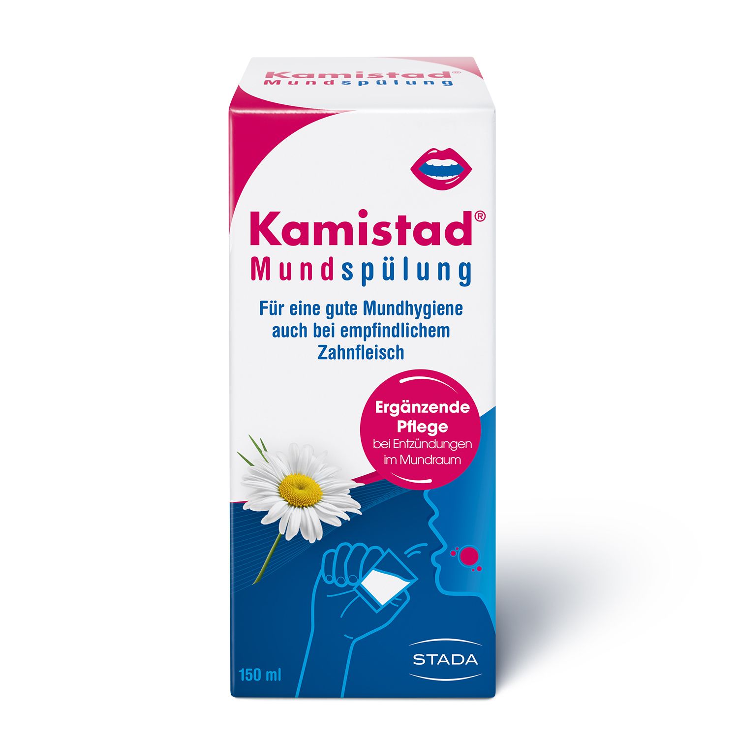 Kamistad Mundspülung-Packung. Weiß-rosa Schachtel mit Produktnamen, Kamille-Blüte und Mund-Symbol.