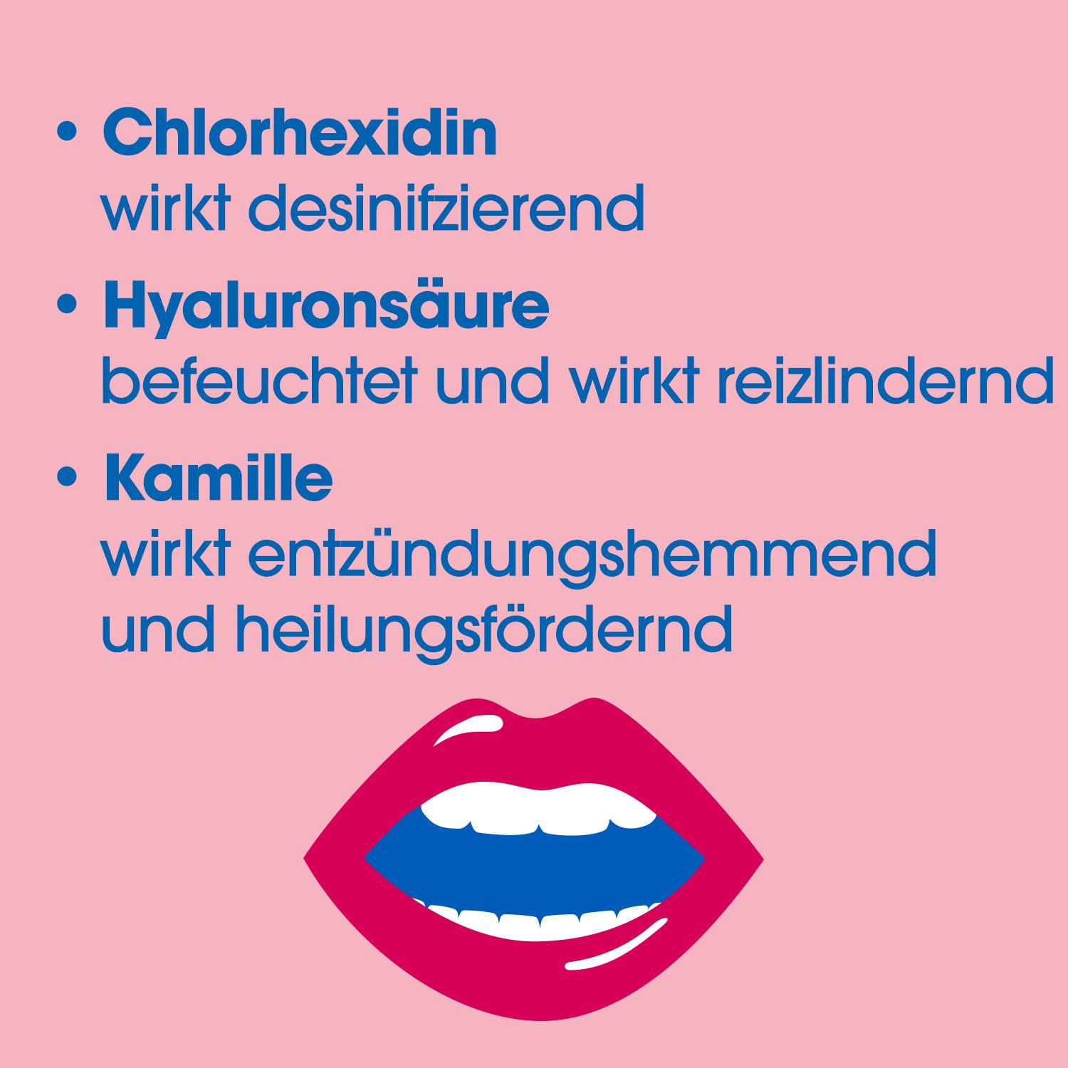 Text auf rosa Hintergrund. Chlorhexidin, Hyaluronsäure und Kamille. Mund-Symbol.