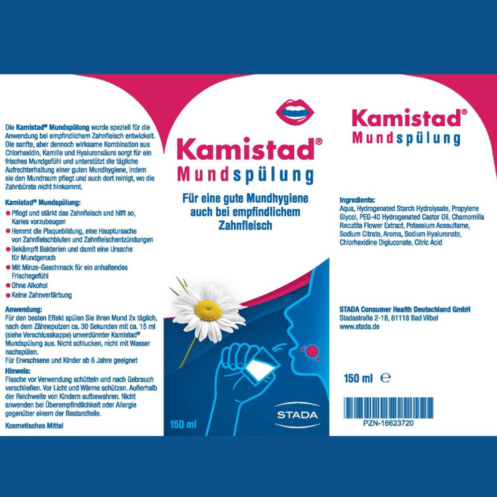 Kamistad Mundspülung-Verpackung. Mehrere Ansichten der Schachtel mit Produktinformationen und Inhaltsstoffen.