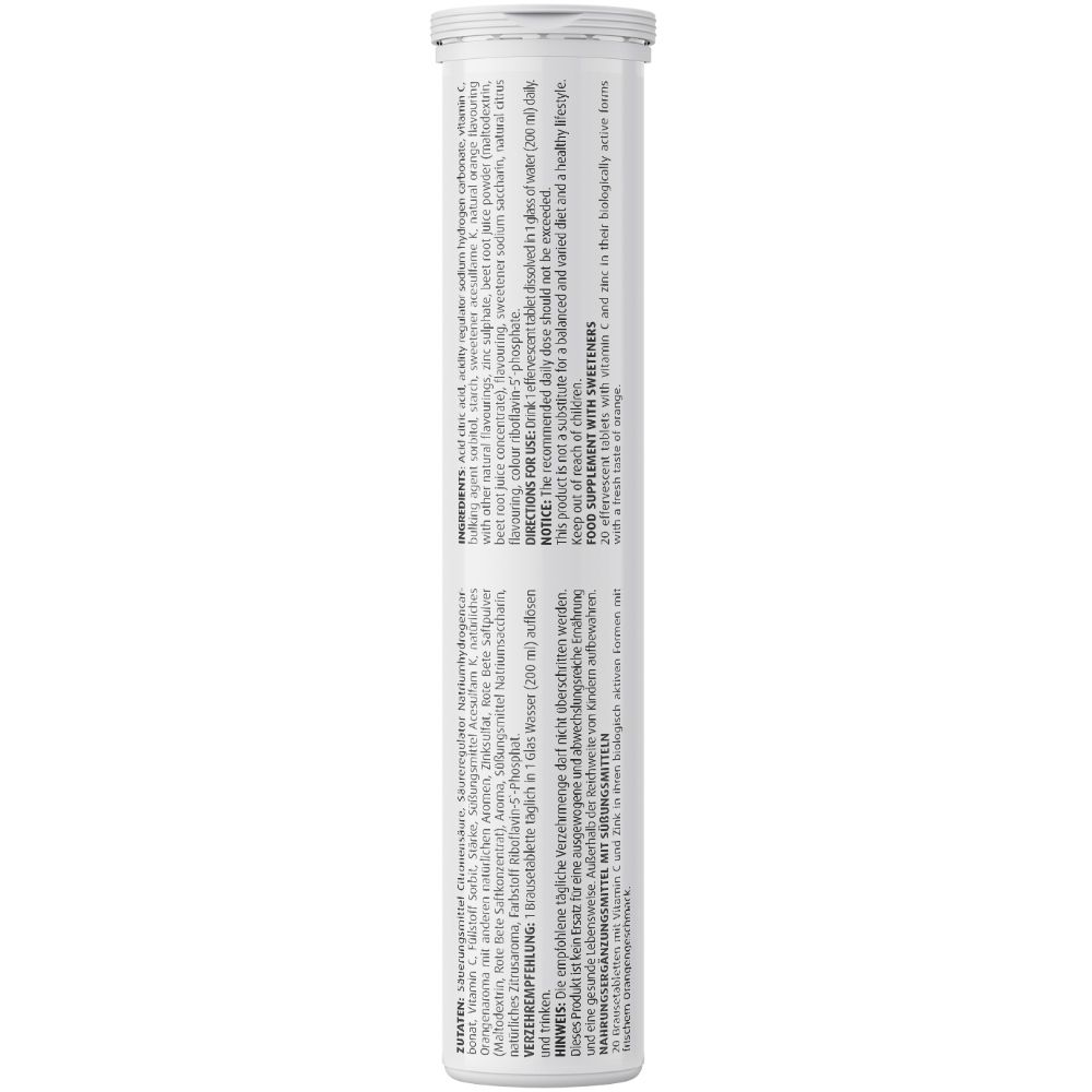 Rückseite der Vitamin C + Zink Brausetabletten-Verpackung. Enthält Informationen zu Inhaltsstoffen und Anwendung.