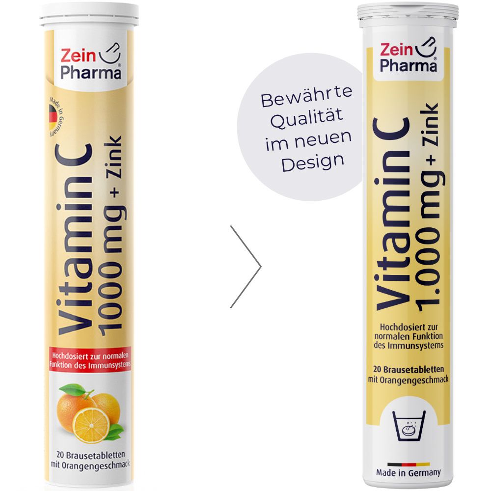 Vergleich von zwei Vitamin C + Zink Brausetabletten-Verpackungen. Links: altes Design. Rechts: neues Design.