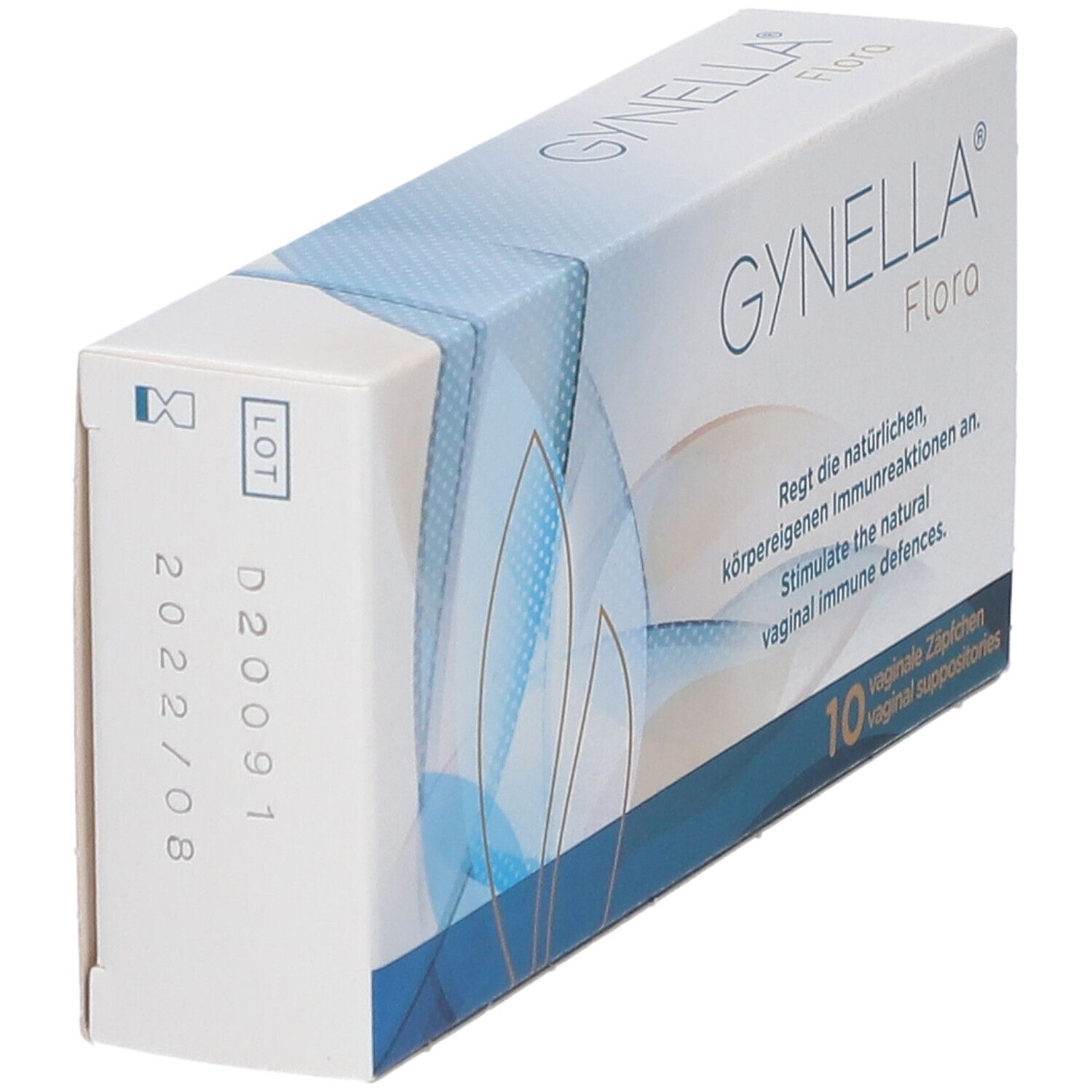 Schachtel GYNELLA® Flora, Seitenansicht. Zeigt Chargennummer und Verfallsdatum. Blaue und weiße Verpackung.