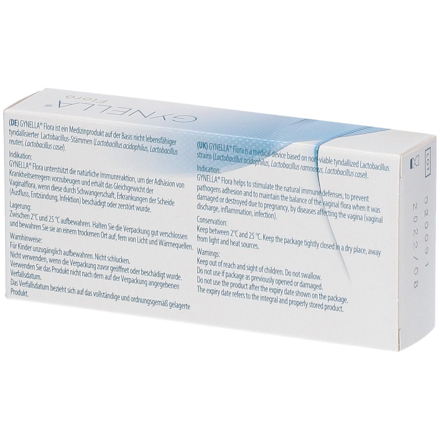 Rückseite der Schachtel GYNELLA® Flora. Text in Deutsch und Englisch. Enthält Informationen zum Produkt.