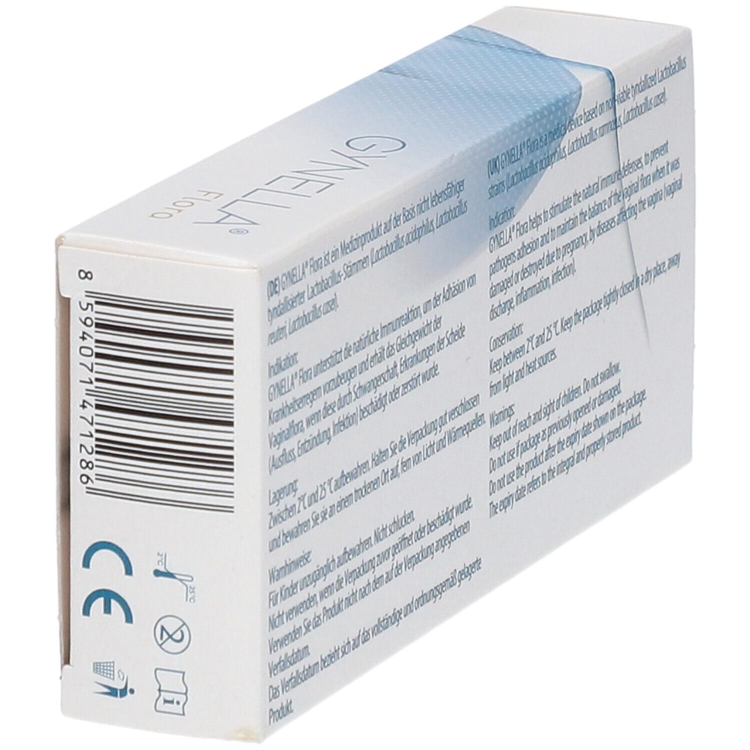 Seitenansicht der Schachtel GYNELLA® Flora. CE-Zeichen und andere Symbole. Blaue und weiße Verpackung.