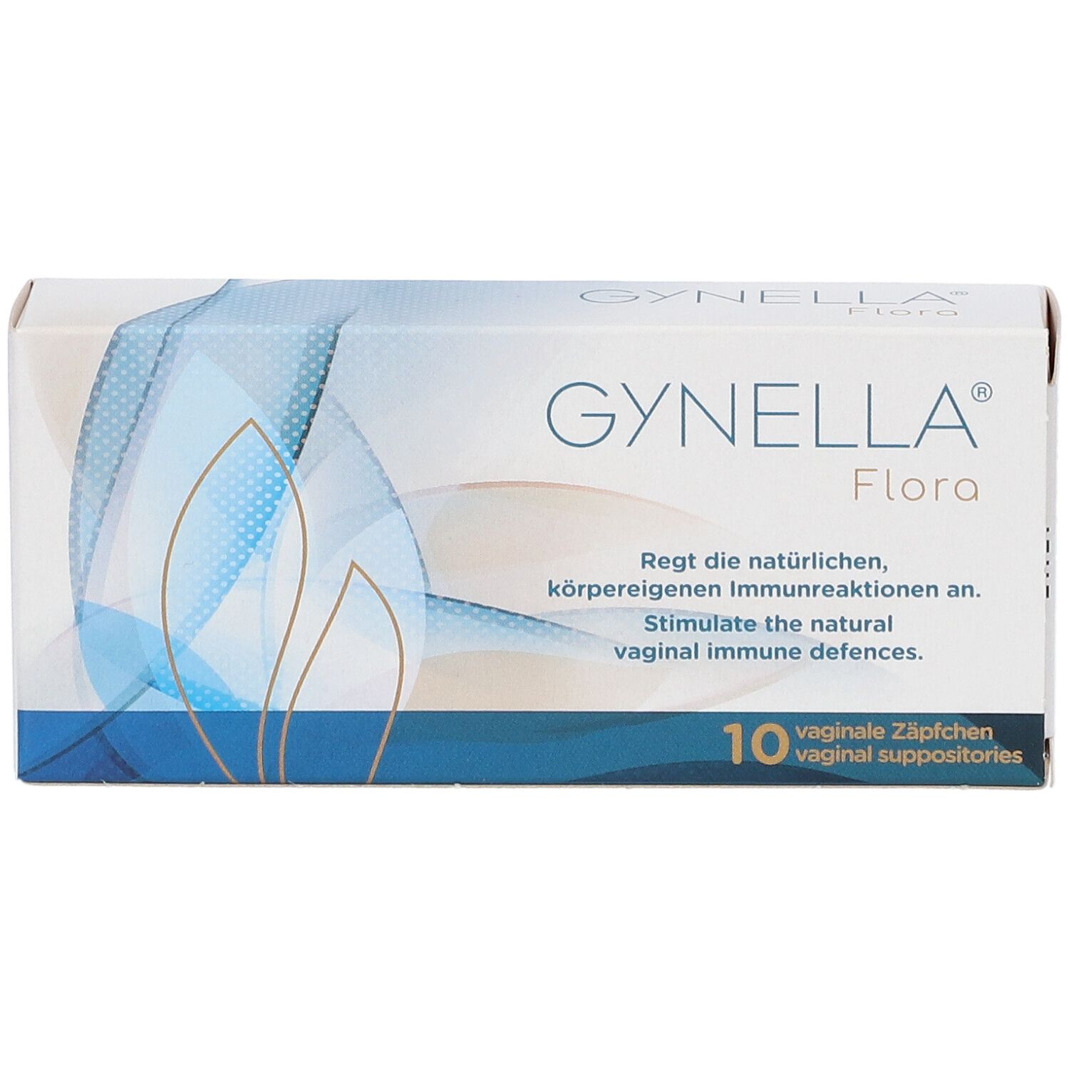 Schachtel GYNELLA® Flora mit 10 Vaginalzäpfchen. Blaue und weiße Verpackung mit Produktnamen.