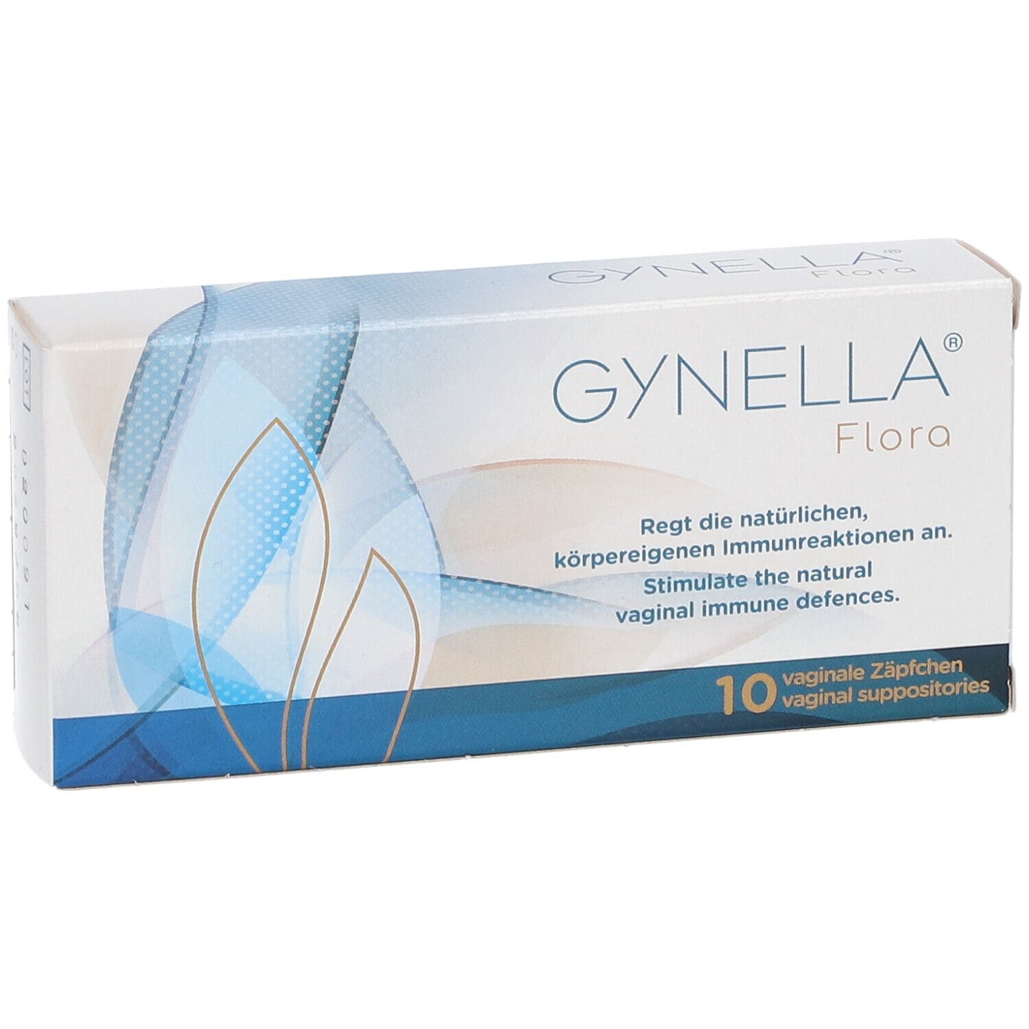 Schachtel GYNELLA® Flora mit 10 Vaginalzäpfchen. Blaue und weiße Verpackung mit Produktnamen.