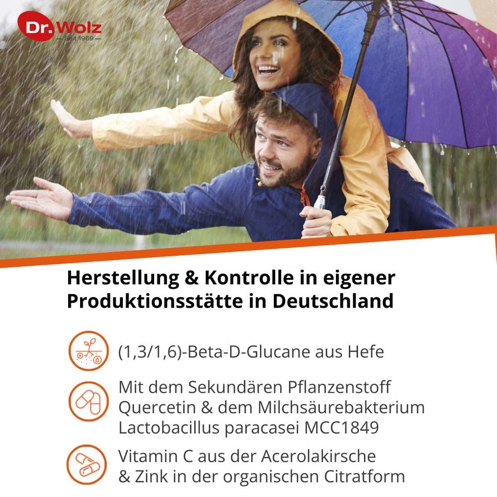 Text: Herstellung & Kontrolle in eigener Produktionsstätte in Deutschland. Inhaltsstoffe: Beta-Glucane, Quercetin, Vitamin C, Zink.