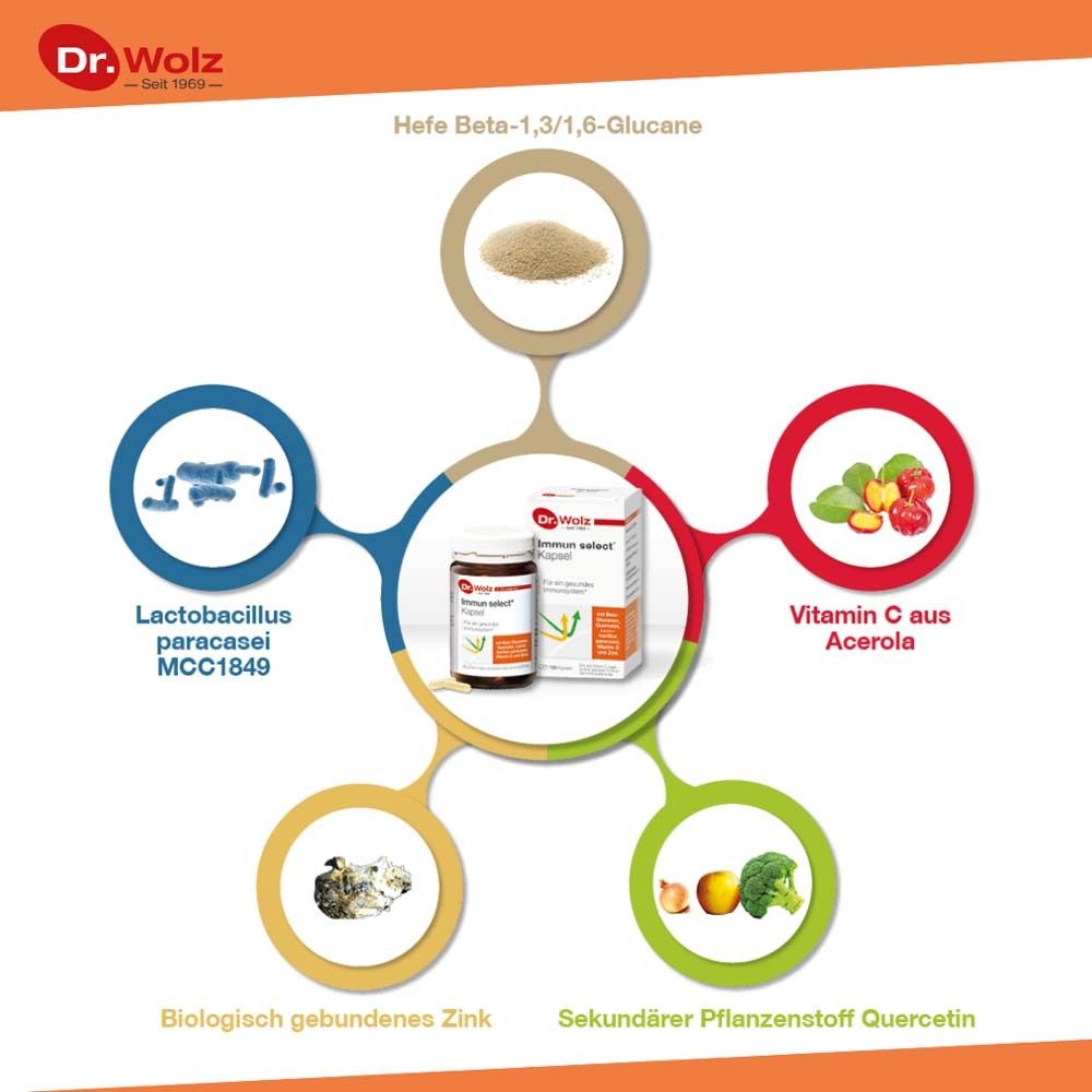 Grafik mit Inhaltsstoffen: Beta-Glucane, Quercetin, Vitamin C, Zink. Produkt und Verpackung im Zentrum.