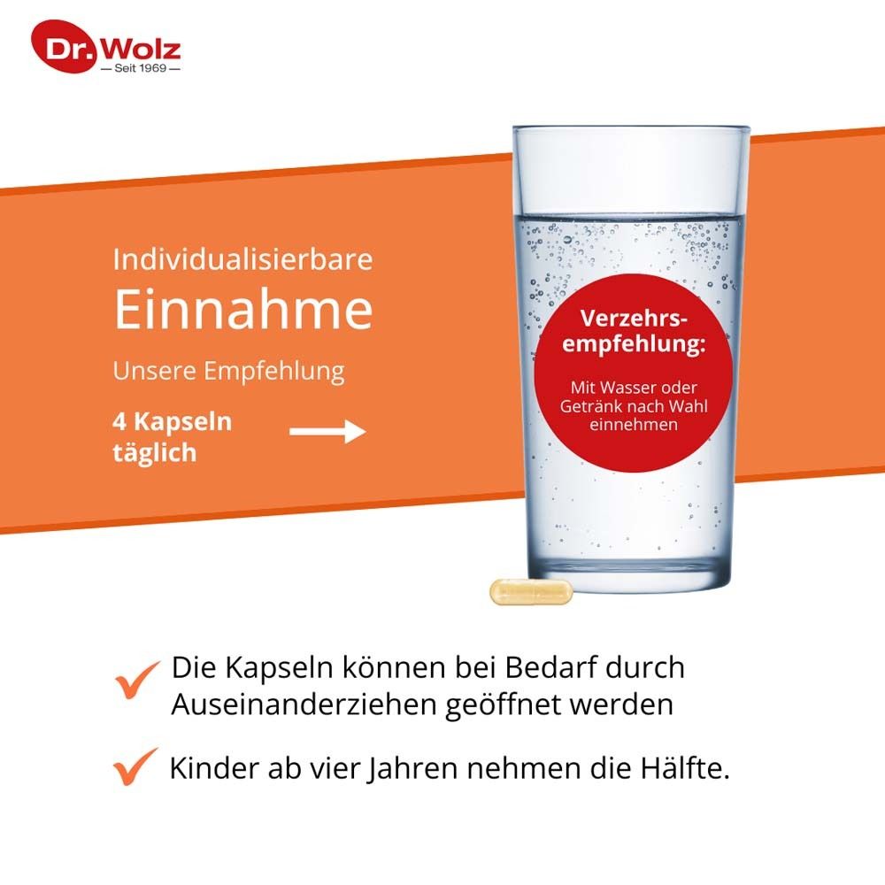 Glas Wasser mit Kapsel. Text: 4 Kapseln täglich. Kapseln können geöffnet werden. Kinder ab 4 Jahren die Hälfte.