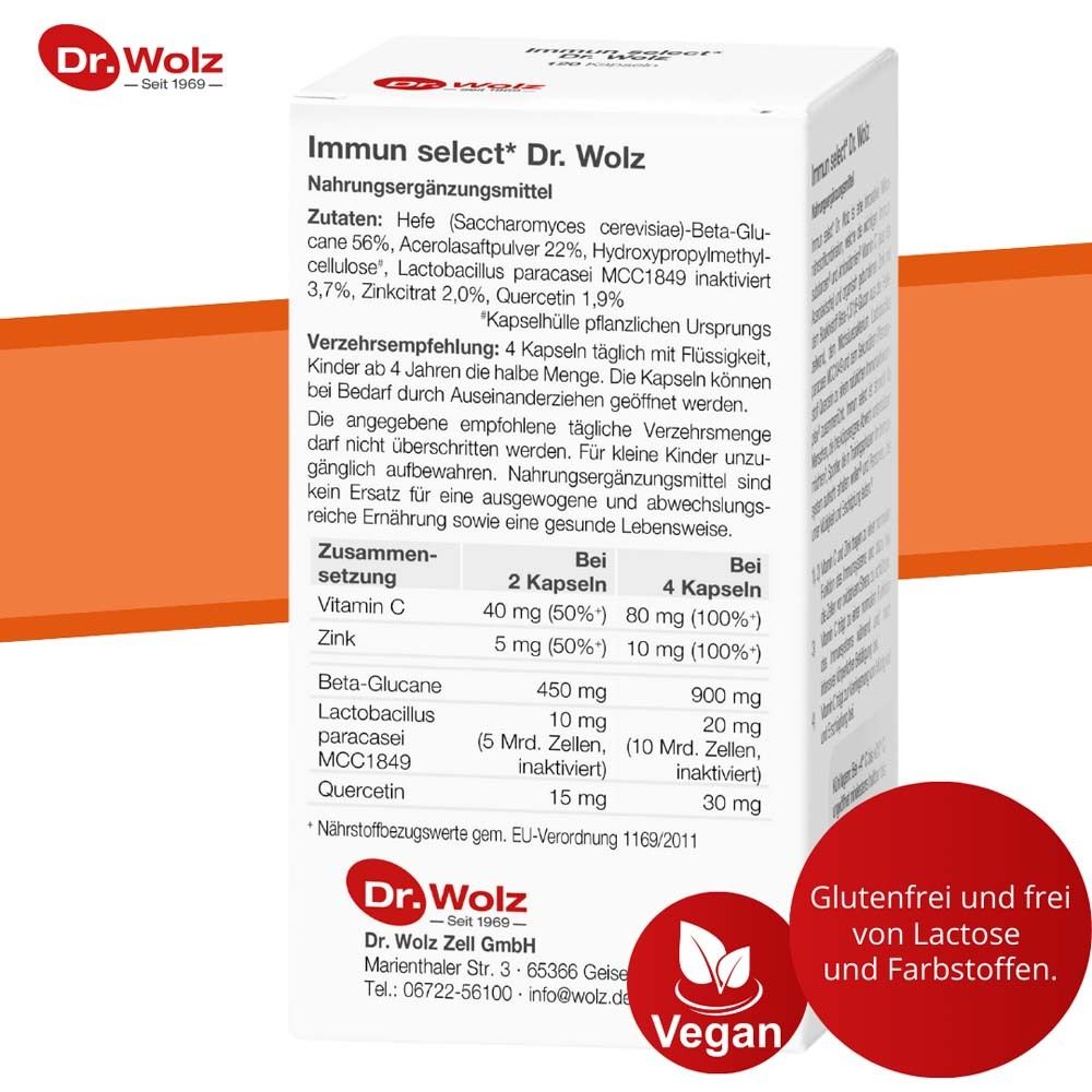 Rückseite der Verpackung mit Inhaltsstoffen und Nährwertangaben. Glutenfrei und frei von Laktose und Farbstoffen. Vegan.