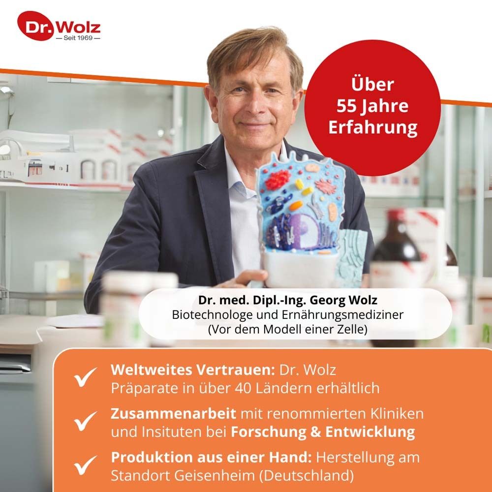 Porträt von Dr. med. Dipl.-Ing. Georg Wolz. Text: Über 55 Jahre Erfahrung. Weltweites Vertrauen. Forschung & Entwicklung.