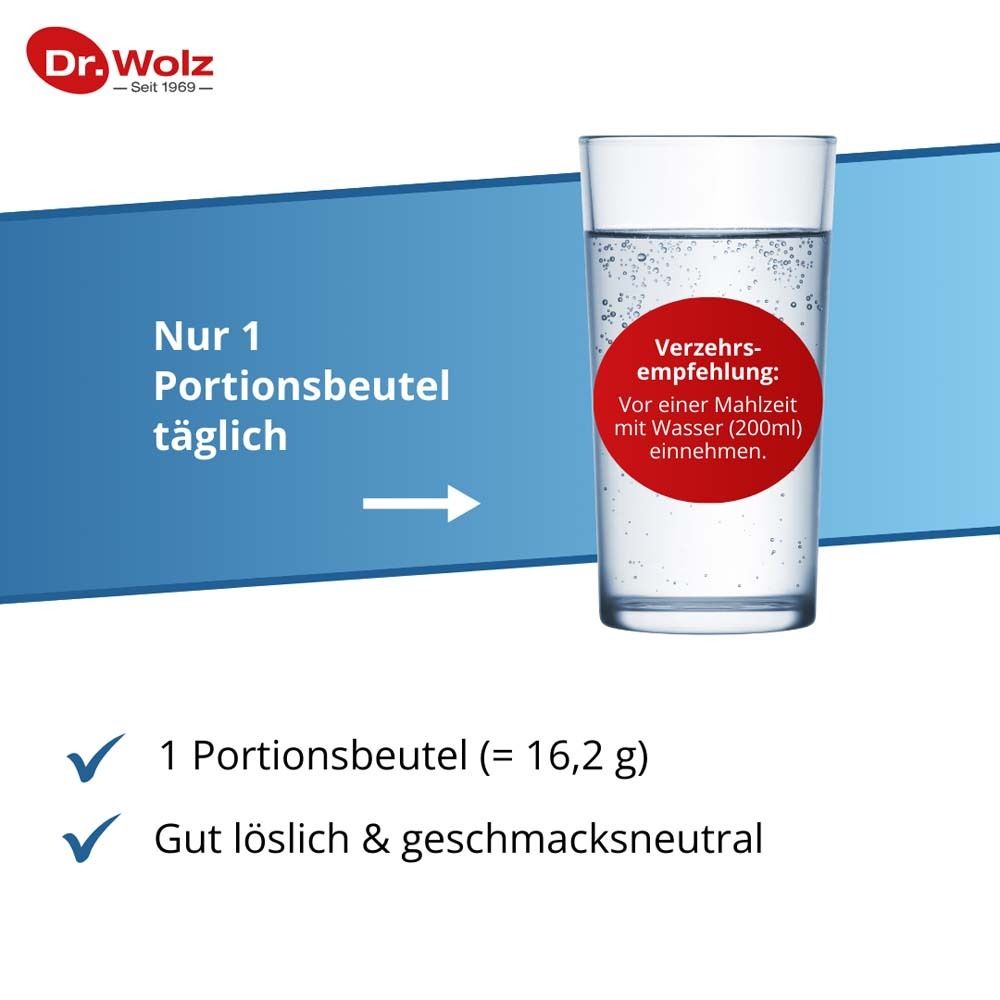 Glas Wasser mit Text: Nur 1 Portionsbeutel täglich. Empfehlung: Vor einer Mahlzeit mit Wasser einnehmen. 1 Portionsbeutel (=16,2 g).