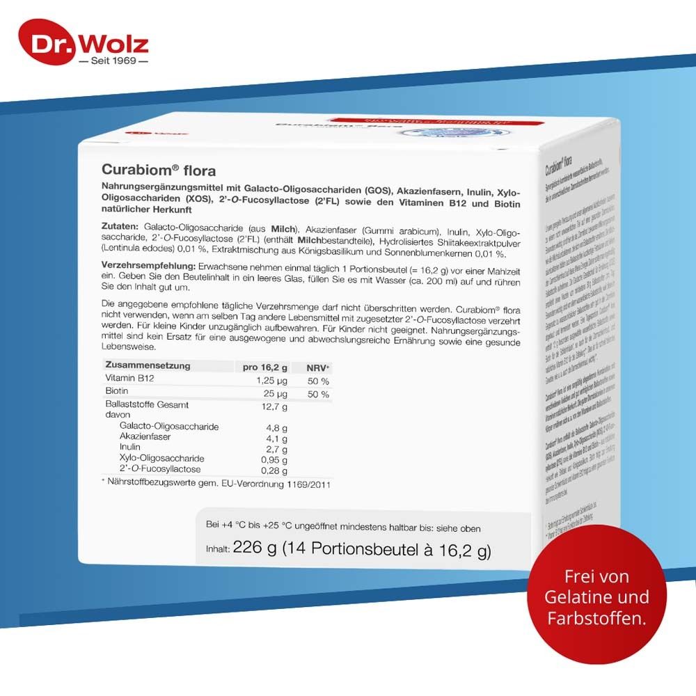 Verpackung von Curabiom® flora. Inhaltsstoffe, Nährwertangaben. Frei von Gelatine und Farbstoffen. 226 g (14 Portionsbeutel à 16,2 g).