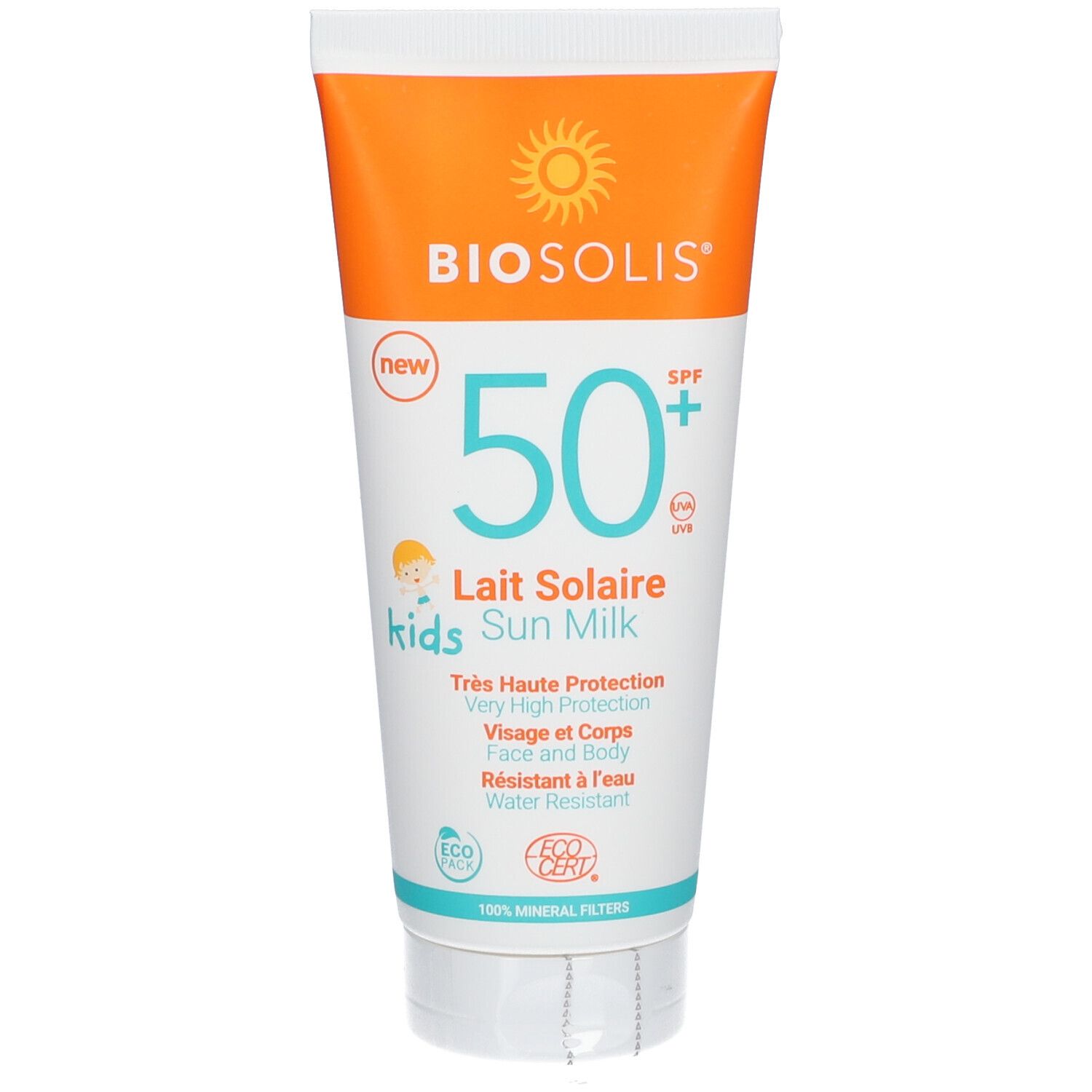 Sonnenmilch Kids LSF 50+ Tube. Weiß, orange und blau. Enthält Logos und Text: BIOSOLIS, 50+ SPF, Lait Solaire, Sun Milk, Wasserfest.