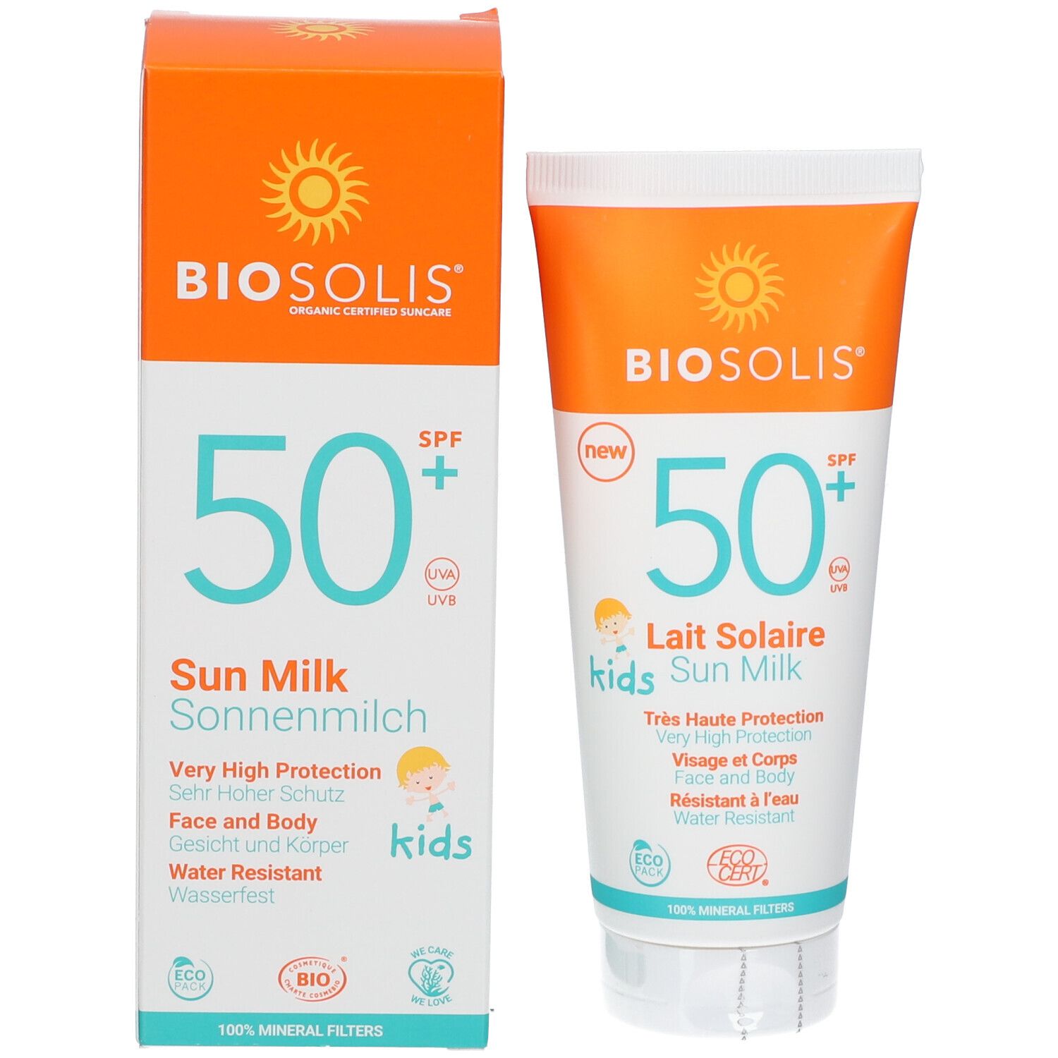 BIOSOLIS Sonnenmilch Kids LSF 50+ und Verpackung. Tube und Schachtel. Orange, weiß und blau. Logos und Text: 50+ SPF, Sun Milk.