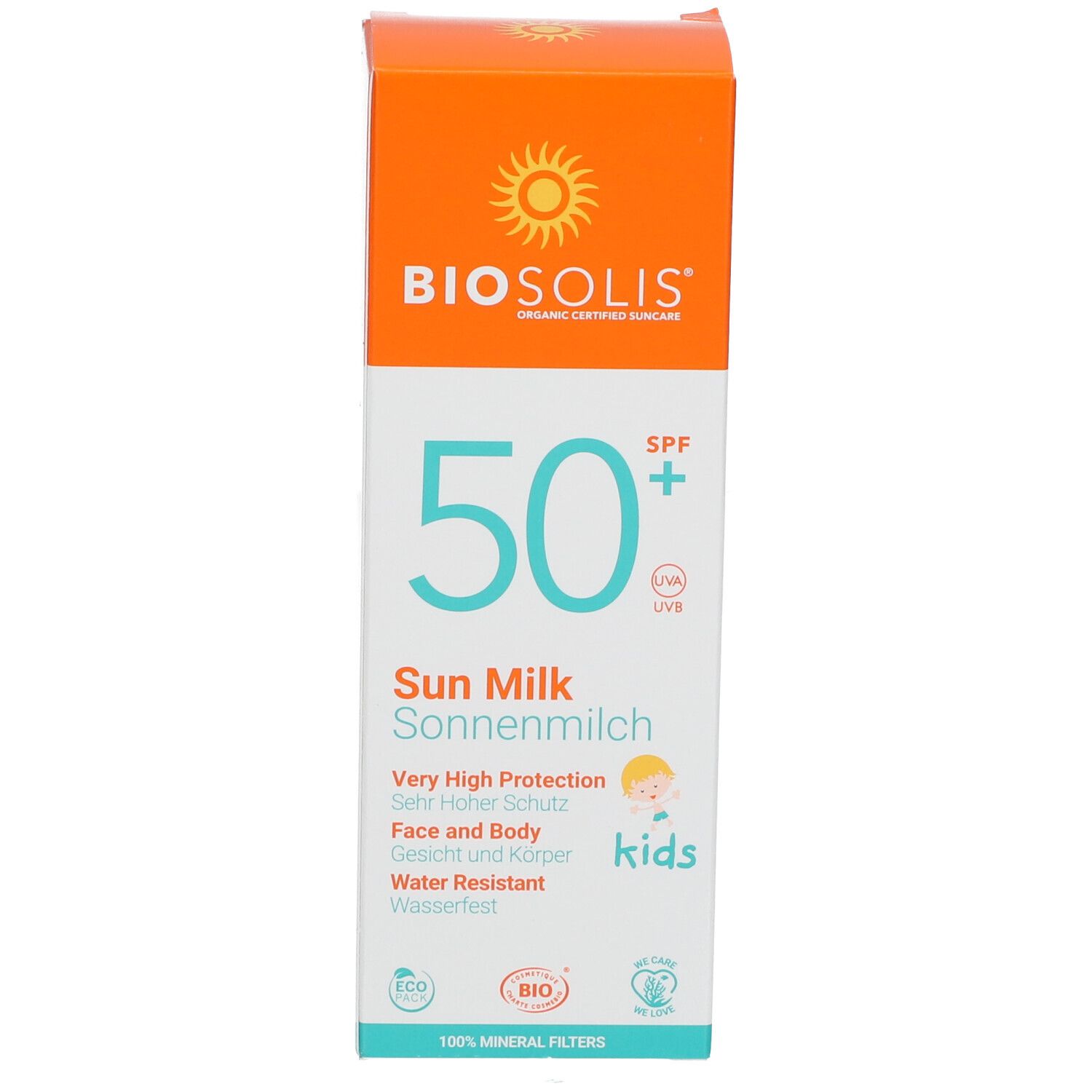 Verpackung der Sonnenmilch Kids. Orange, weiß und blau. Text: BIOSOLIS, 50+ SPF, Sun Milk, Sehr hoher Schutz. Logos und Illustration.