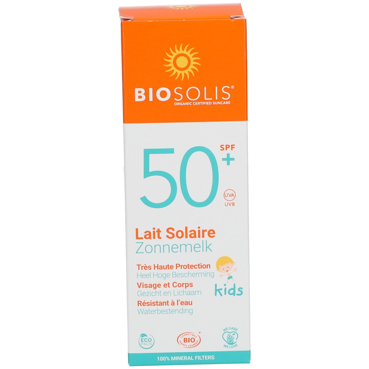 Verpackung der Sonnenmilch Kids. Orange, weiß und blau. Text: BIOSOLIS, 50+ SPF, Lait Solaire, Zonnemelk, Sehr hoher Schutz.