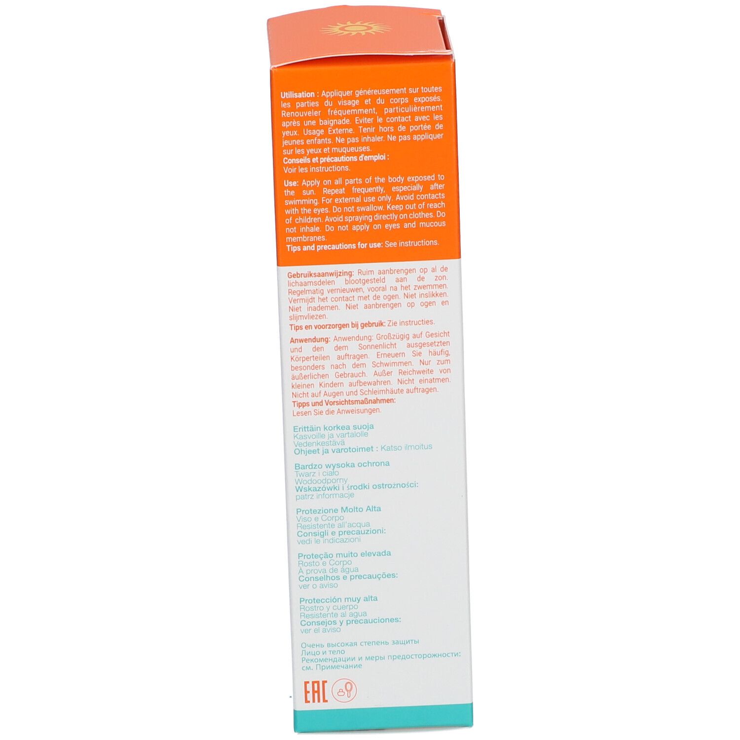 Seite der Sonnenmilch Kids Verpackung. Text in mehreren Sprachen. Warnhinweise und Anwendungshinweise. Logos und Informationen.