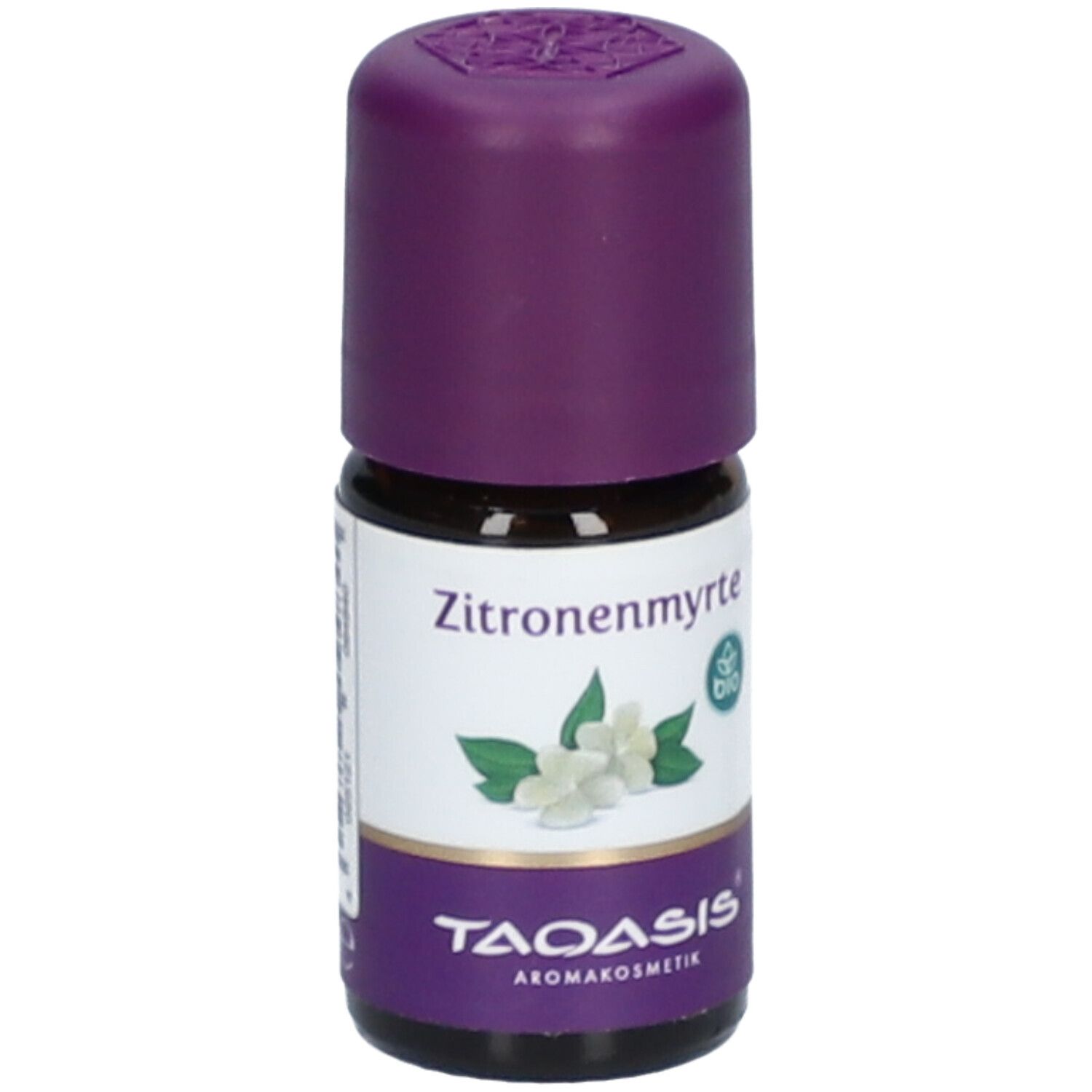 Braune Glasflasche mit lila Verschluss. Etikett mit "Zitronenmyrte", Blüten-Illustration und Bio-Siegel. Marke: TAOASIS.