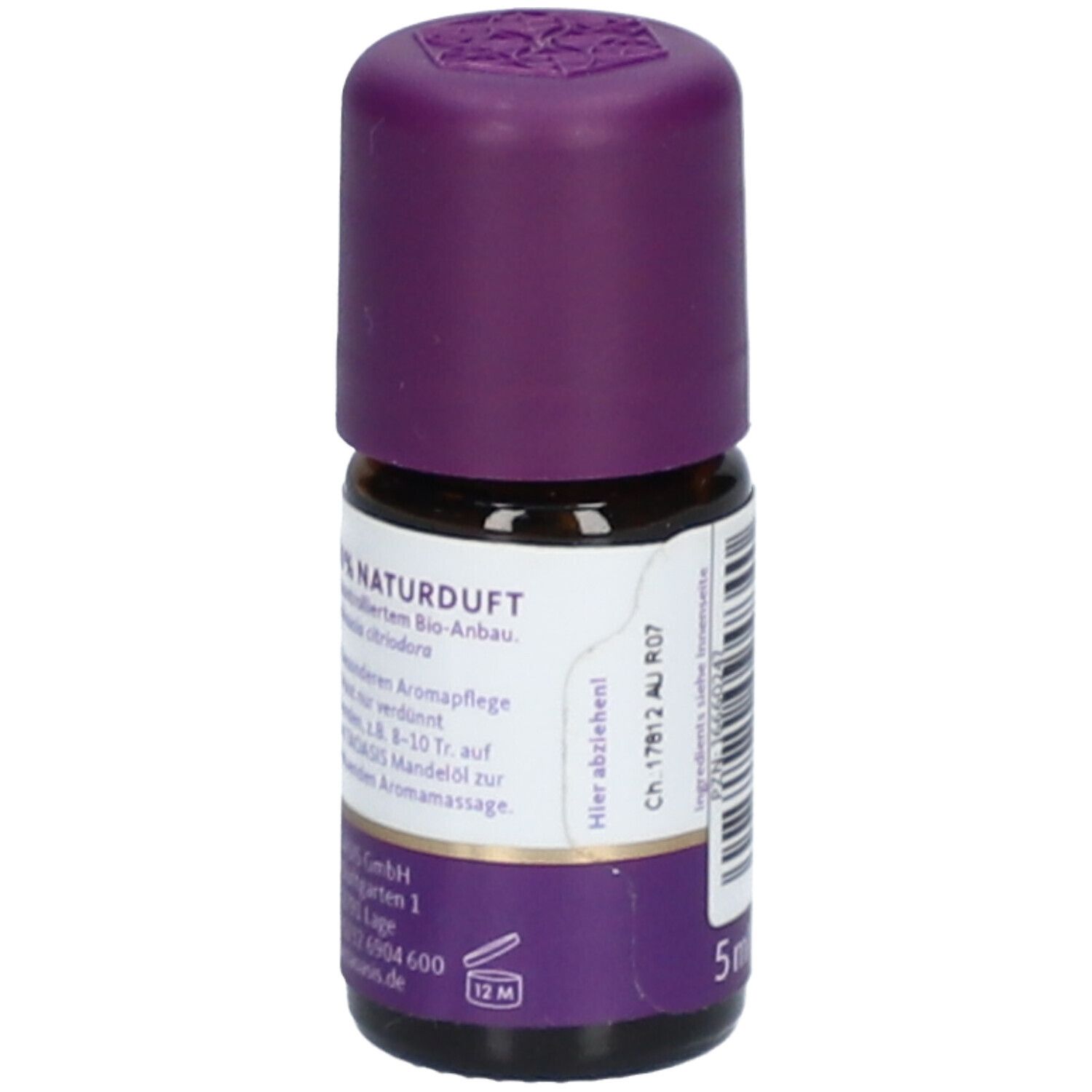 Braune Glasflasche mit lila Verschluss. Etikett mit Text, 5 ml Angabe und Haltbarkeitshinweis. Marke: TAOASIS.