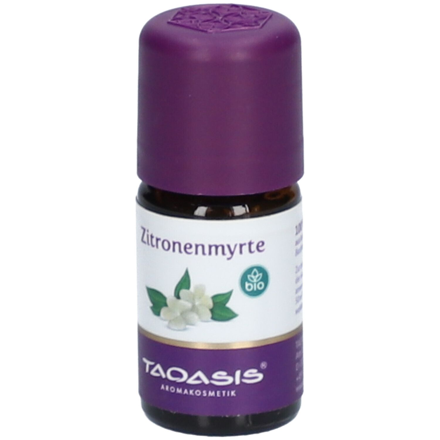 Braune Glasflasche mit lila Verschluss. Etikett mit "Zitronenmyrte", Blüten-Illustration und Bio-Siegel. Marke: TAOASIS.