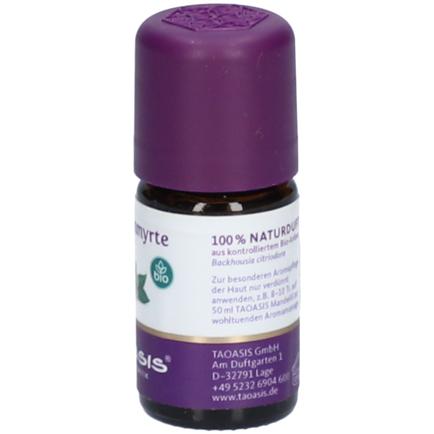 Braune Glasflasche mit lila Verschluss. Etikett mit Text, Bio-Siegel und Marke: TAOASIS.