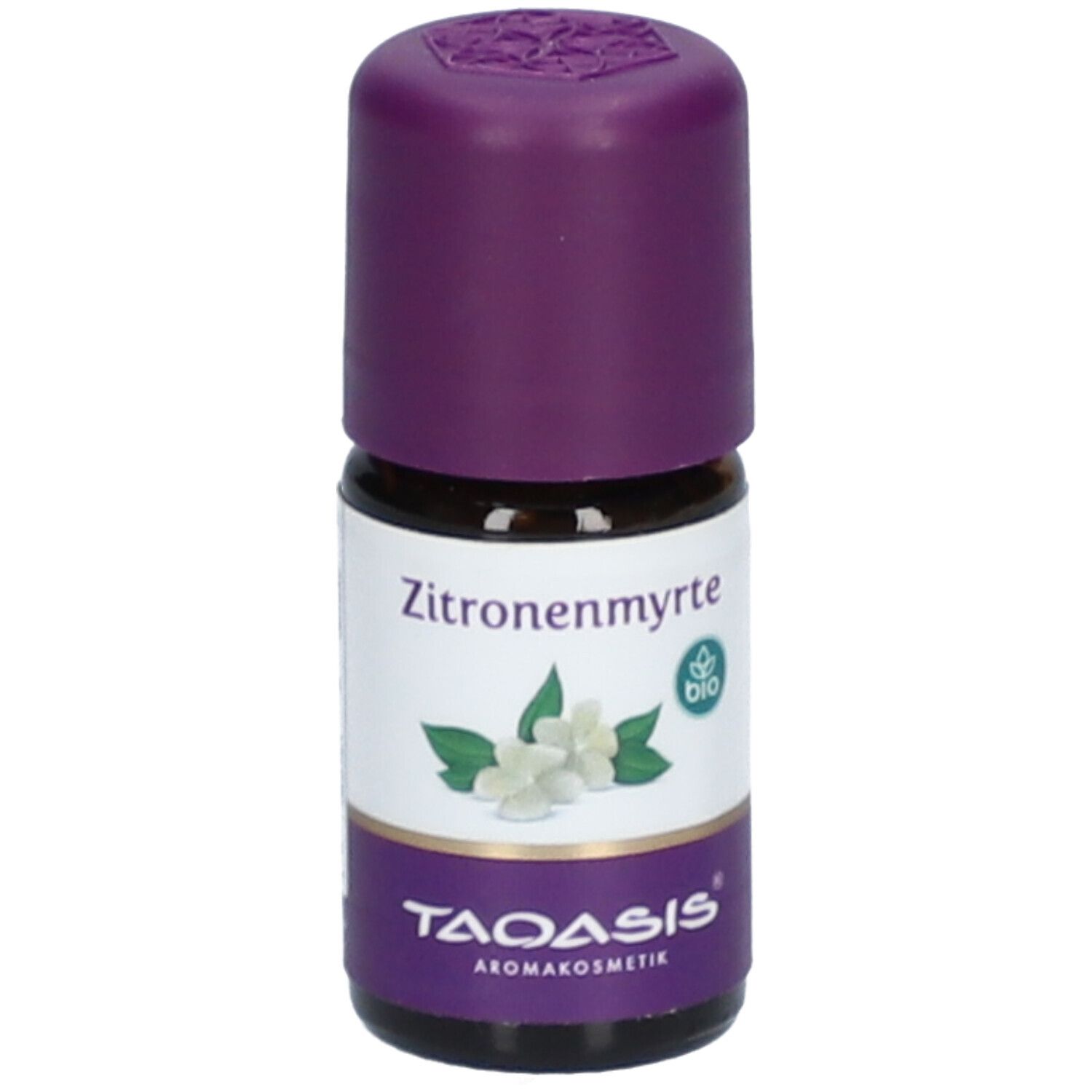 Braune Glasflasche mit lila Verschluss. Etikett mit "Zitronenmyrte", Blüten-Illustration und Bio-Siegel. Marke: TAOASIS.