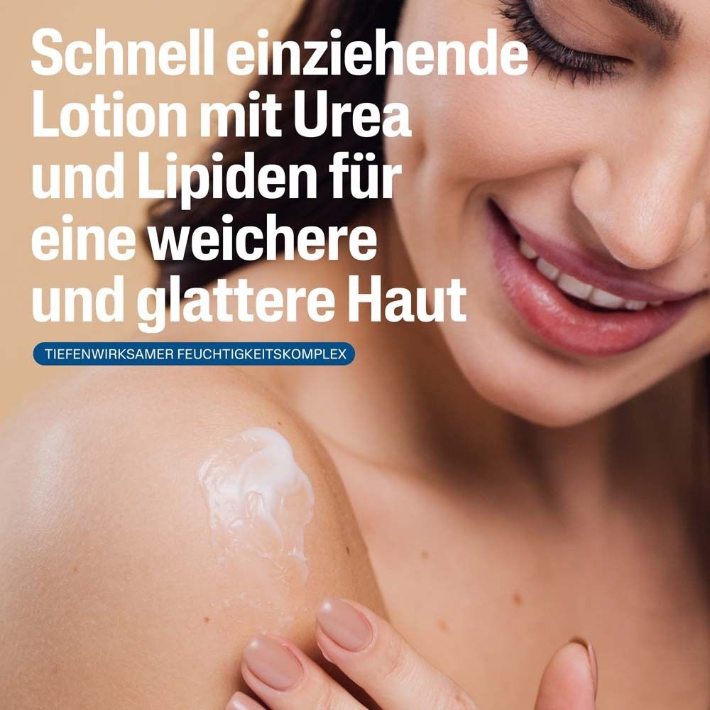 Frau trägt Lotion auf die Schulter auf. Text: Schnell einziehende Lotion mit Urea und Lipiden für weichere Haut.