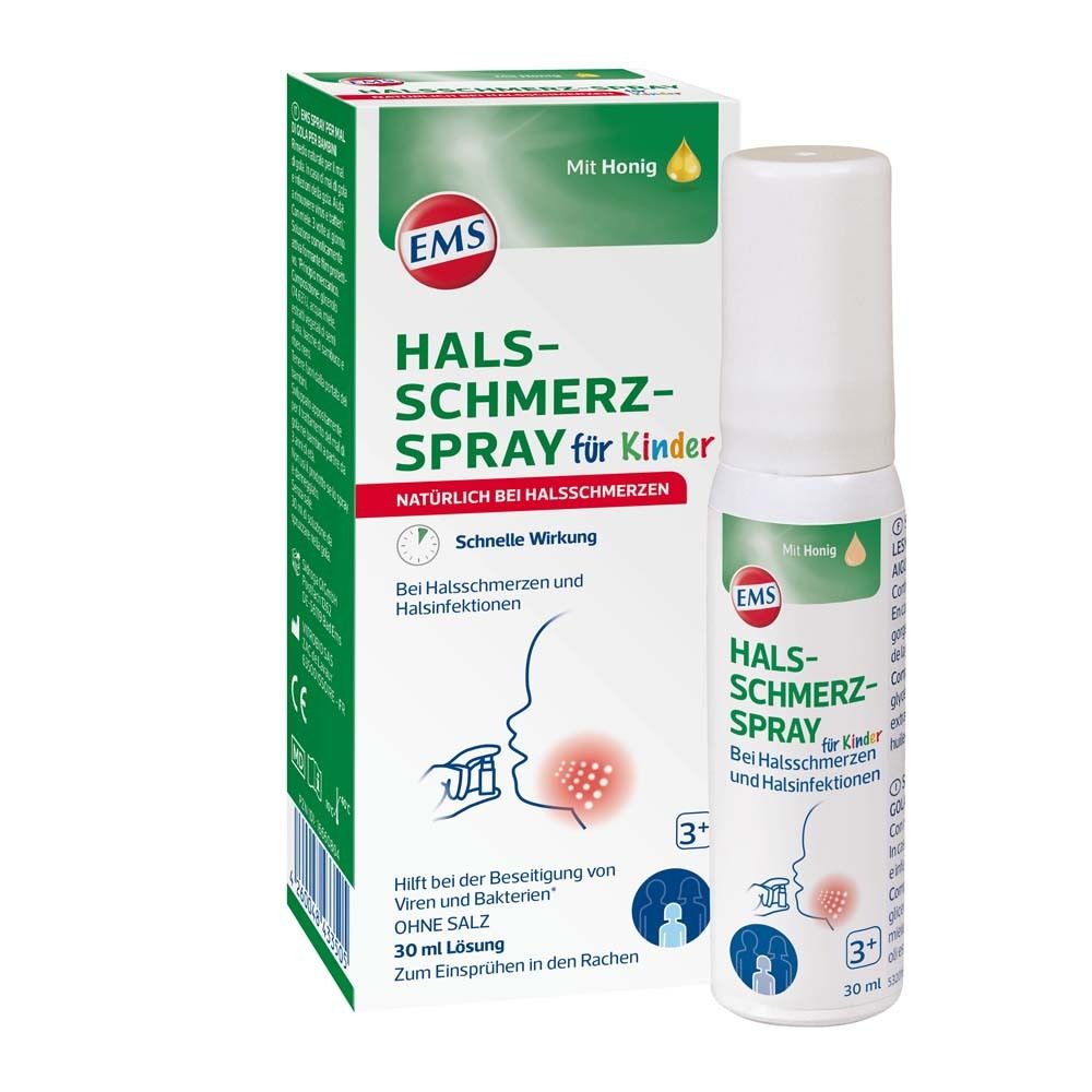 EMS Halsschmerz-Spray für Kinder. Sprayflasche und Verpackung. Grün-weiß. Mit Honig. Für Kinder ab 3 Jahren.