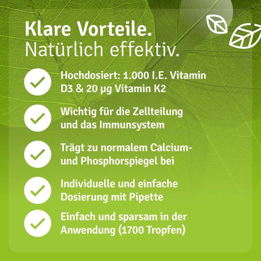 Grüner Hintergrund mit Text: Klare Vorteile. Natürlich effektiv. Hochdosiert, wichtig für Zellteilung, Immunsystem, Calcium- und Phosphorspiegel.
