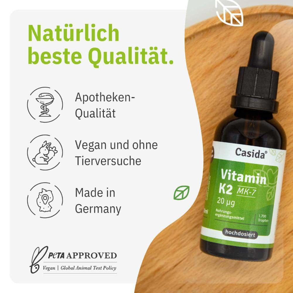Text mit Logos. Apotheken-Qualität, vegan, ohne Tierversuche, Made in Germany. PETA-Logo.